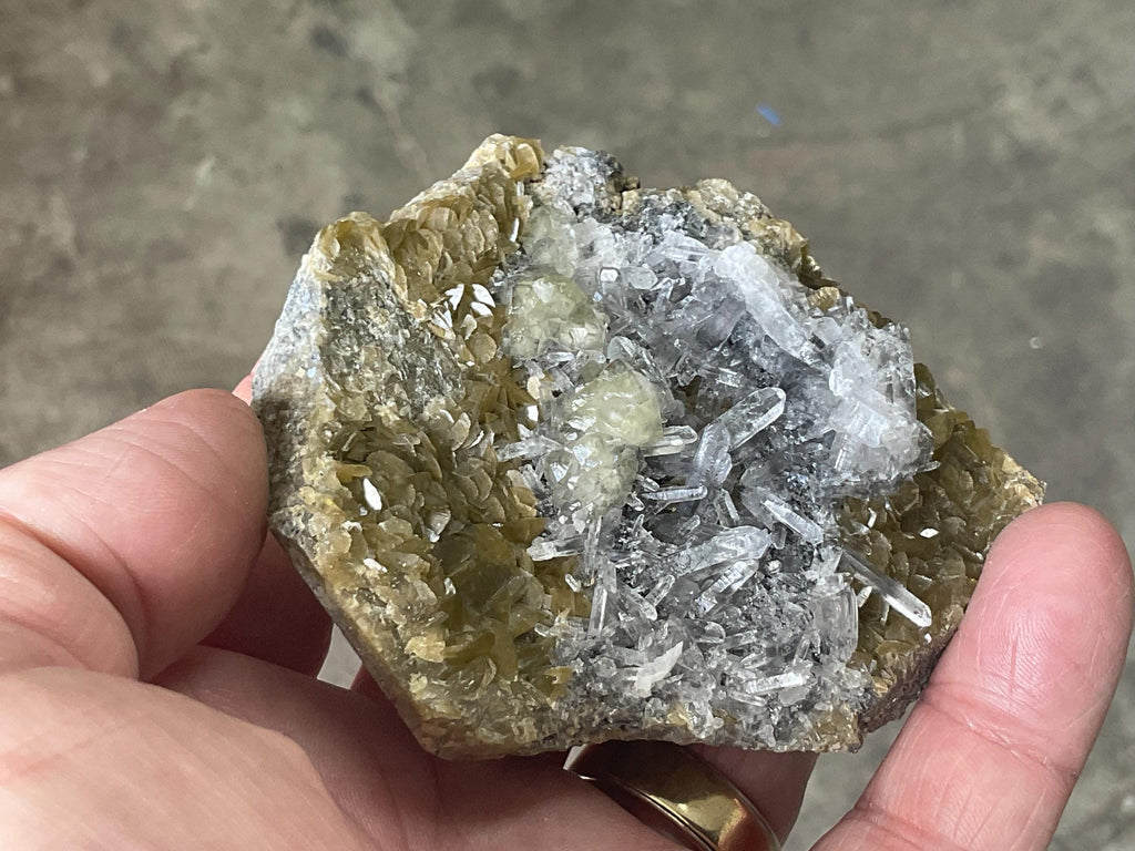 232g Golden Bladed Siderite on Quartz with Botryoidal Fluorite Specimen from Guizhou, China