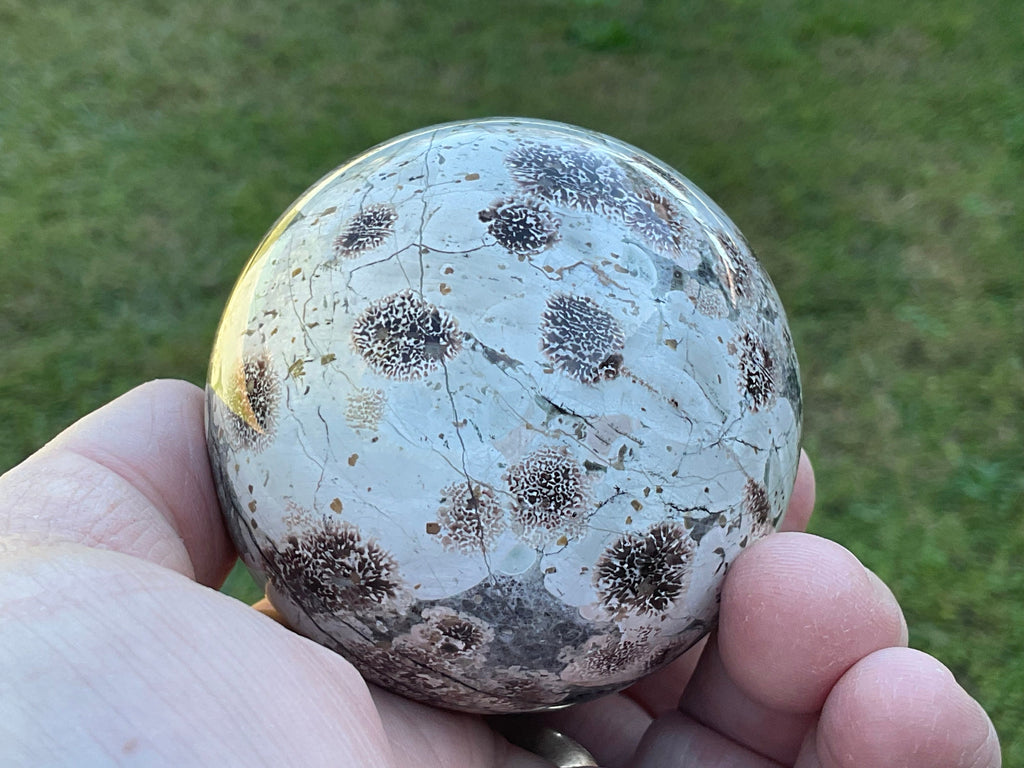 295g Green Cherry Blossom Jasper Sphere 7B