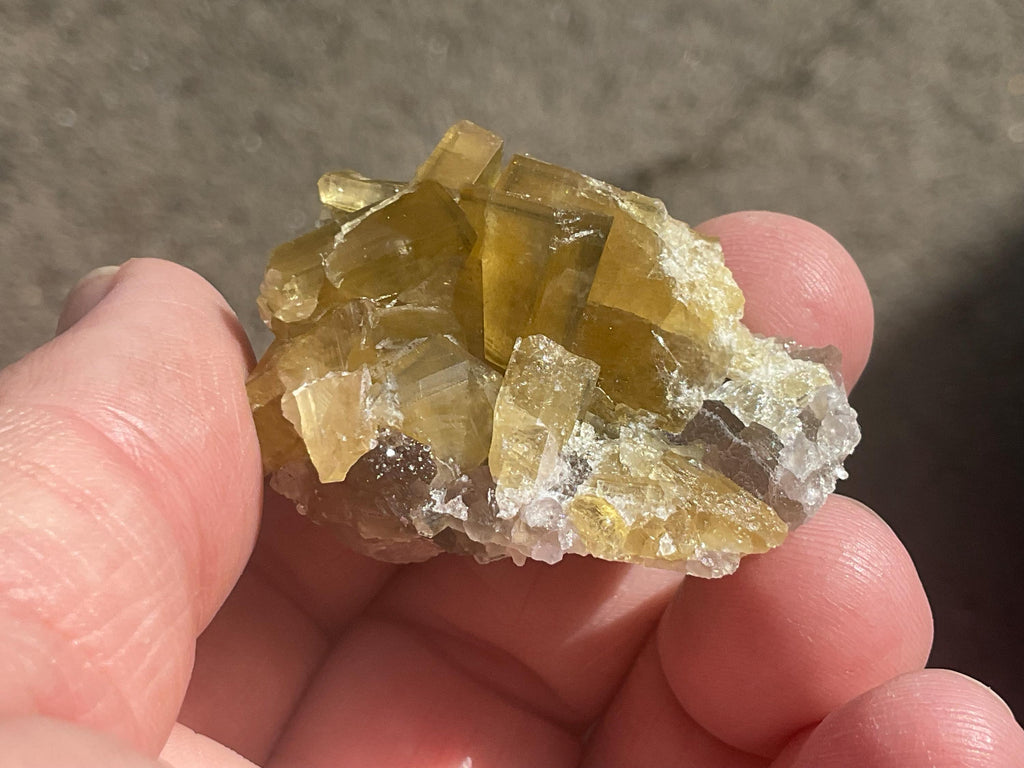 40g Tabular Golden Baryte on Botryoidal Fluorite Specimen 1A from Jiangxi