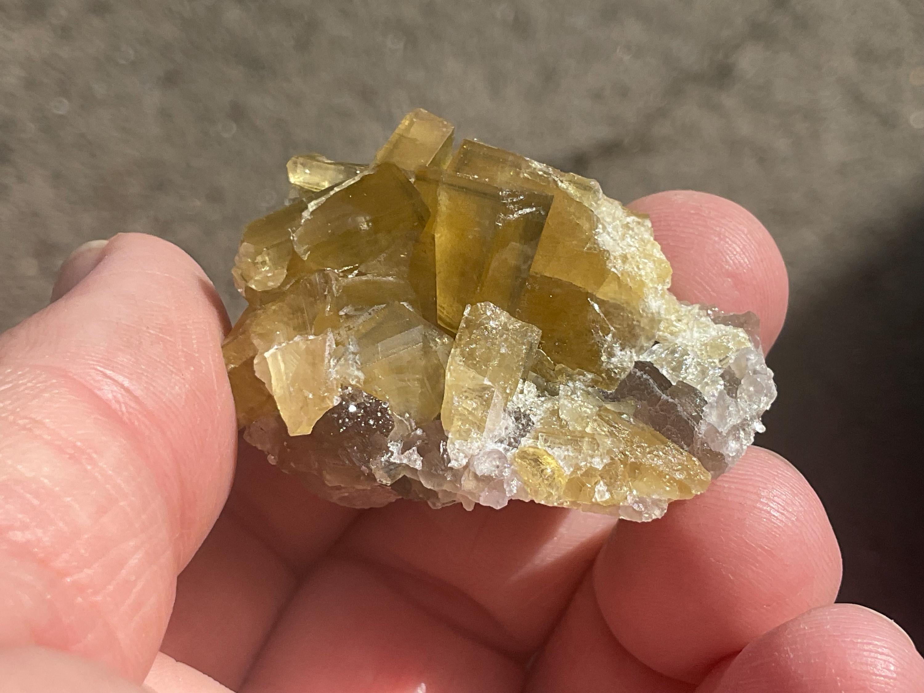 40g Tabular Golden Baryte on Botryoidal Fluorite Specimen 1A from Jiangxi