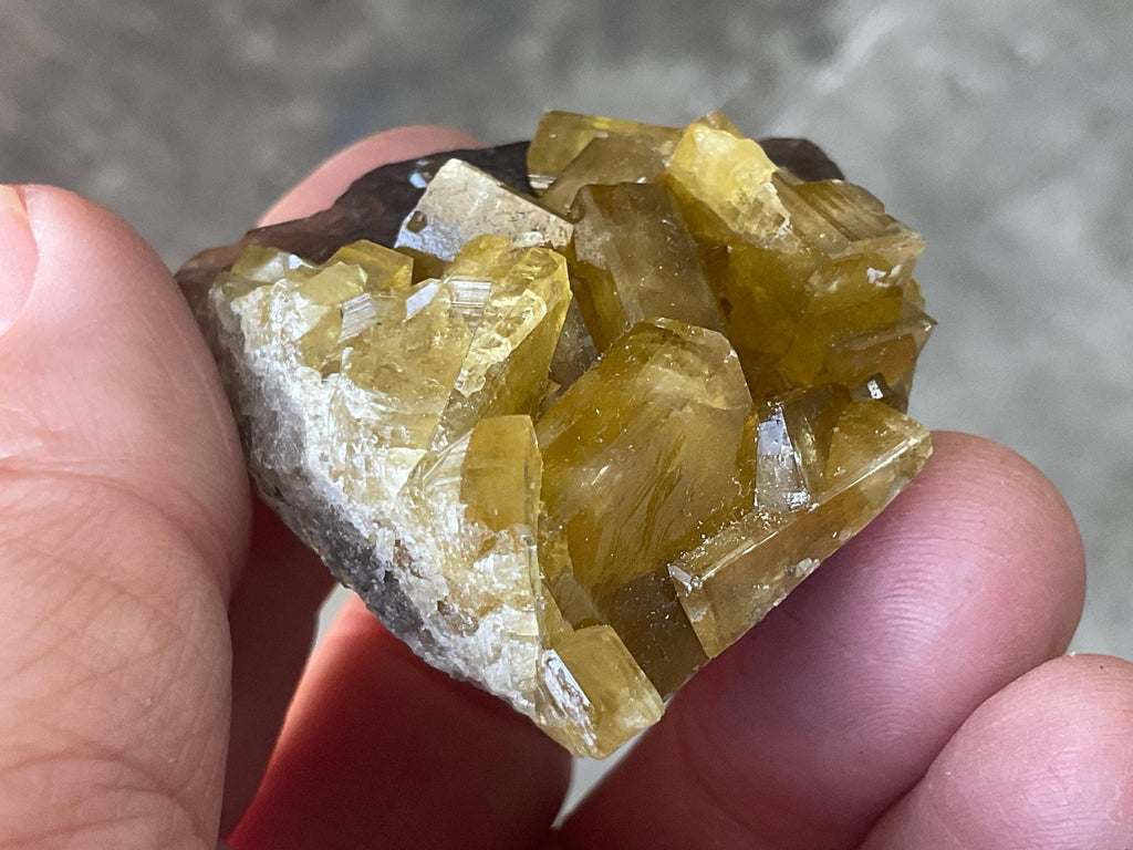 110g Tabular Golden Baryte on Botryoidal Fluorite Specimen 6A from Jiangxi