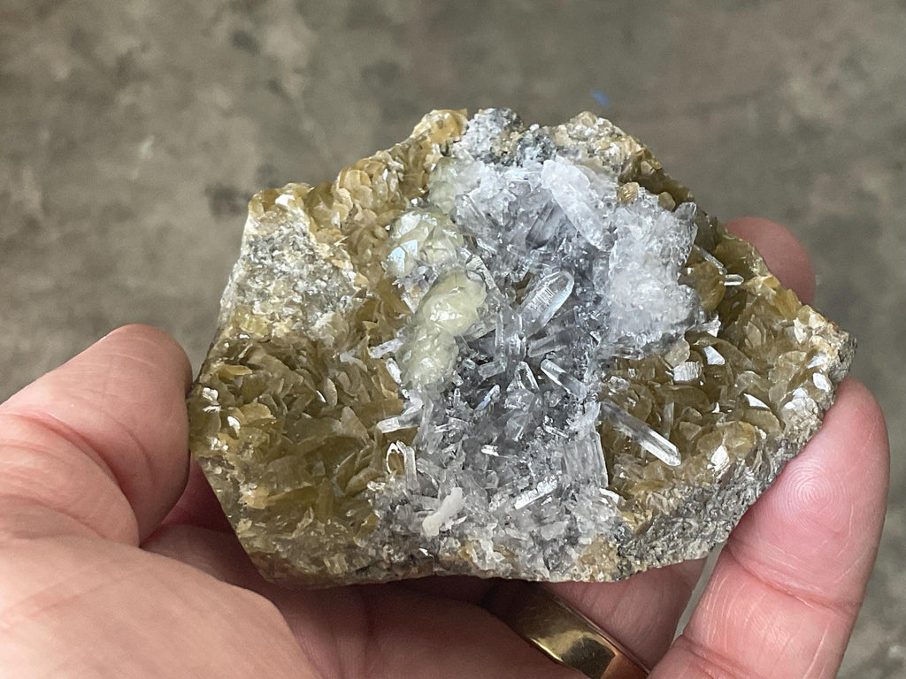 232g Golden Bladed Siderite on Quartz with Botryoidal Fluorite Specimen from Guizhou, China