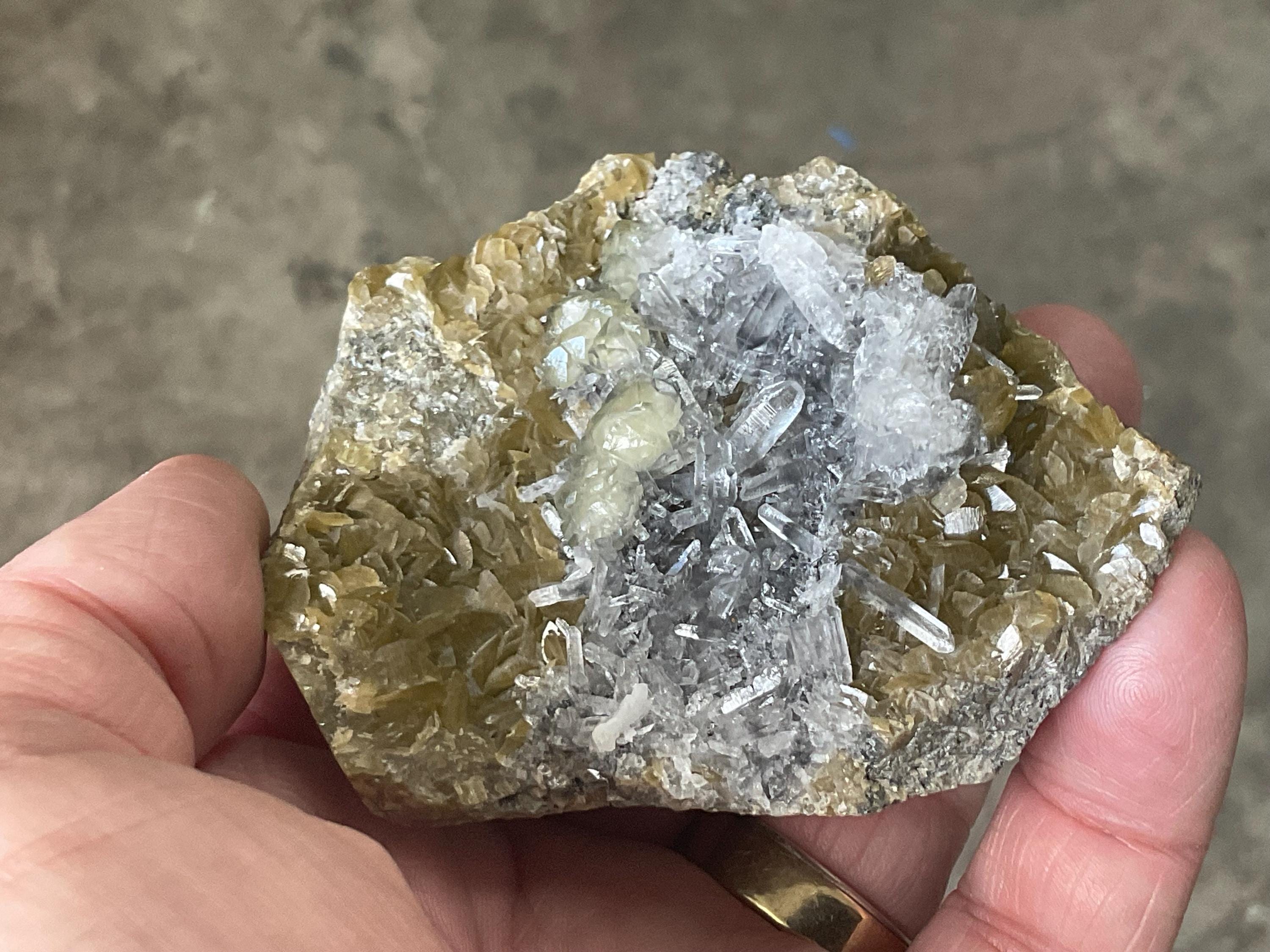 232g Golden Bladed Siderite on Quartz with Botryoidal Fluorite Specimen from Guizhou, China