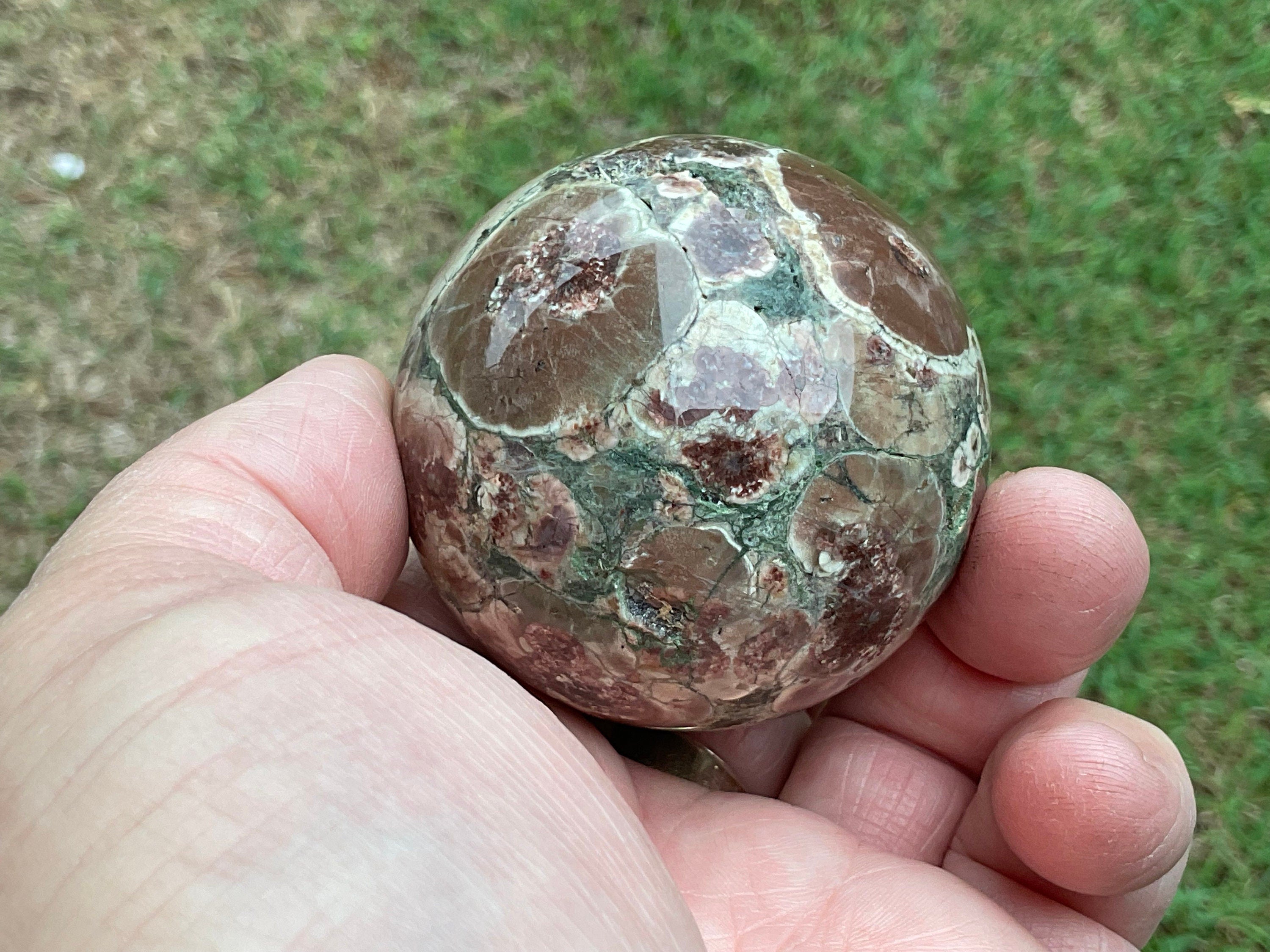 193g Green Cherry Blossom Jasper Sphere 1A