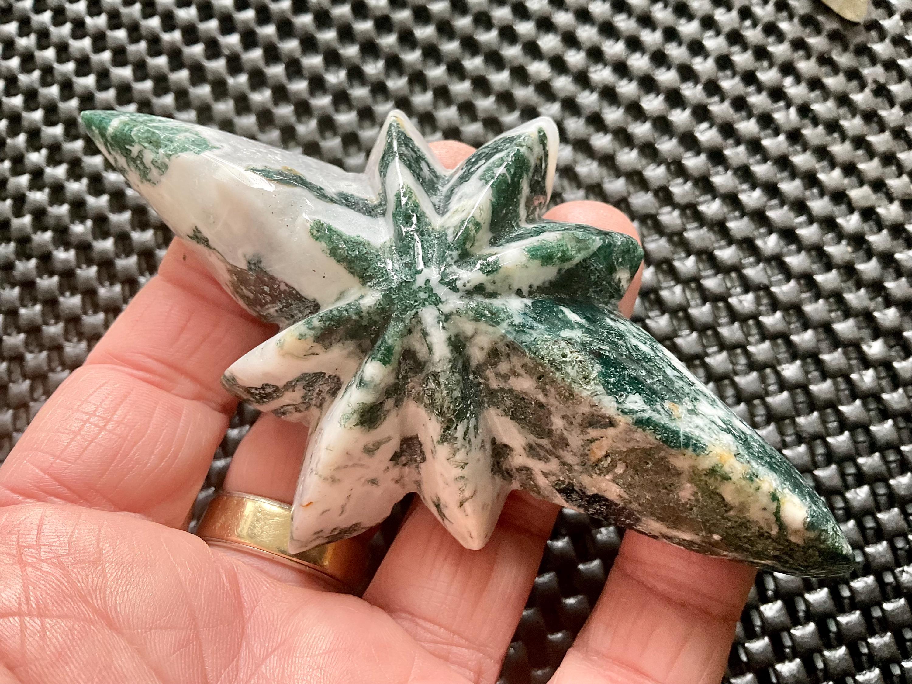 96g Moss Agate Polaris Carving with stand 2A