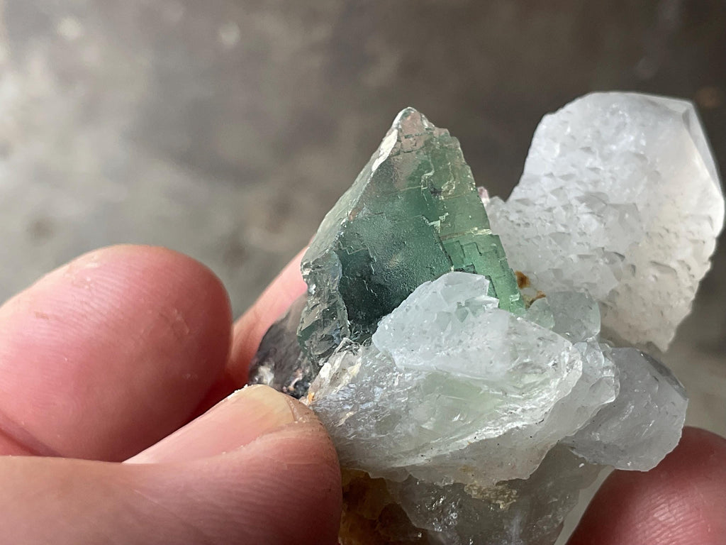 52g Etched Photochromic Fluorite on Clear Candle Quartz Cluster from the Erongo Mountains, Namibia