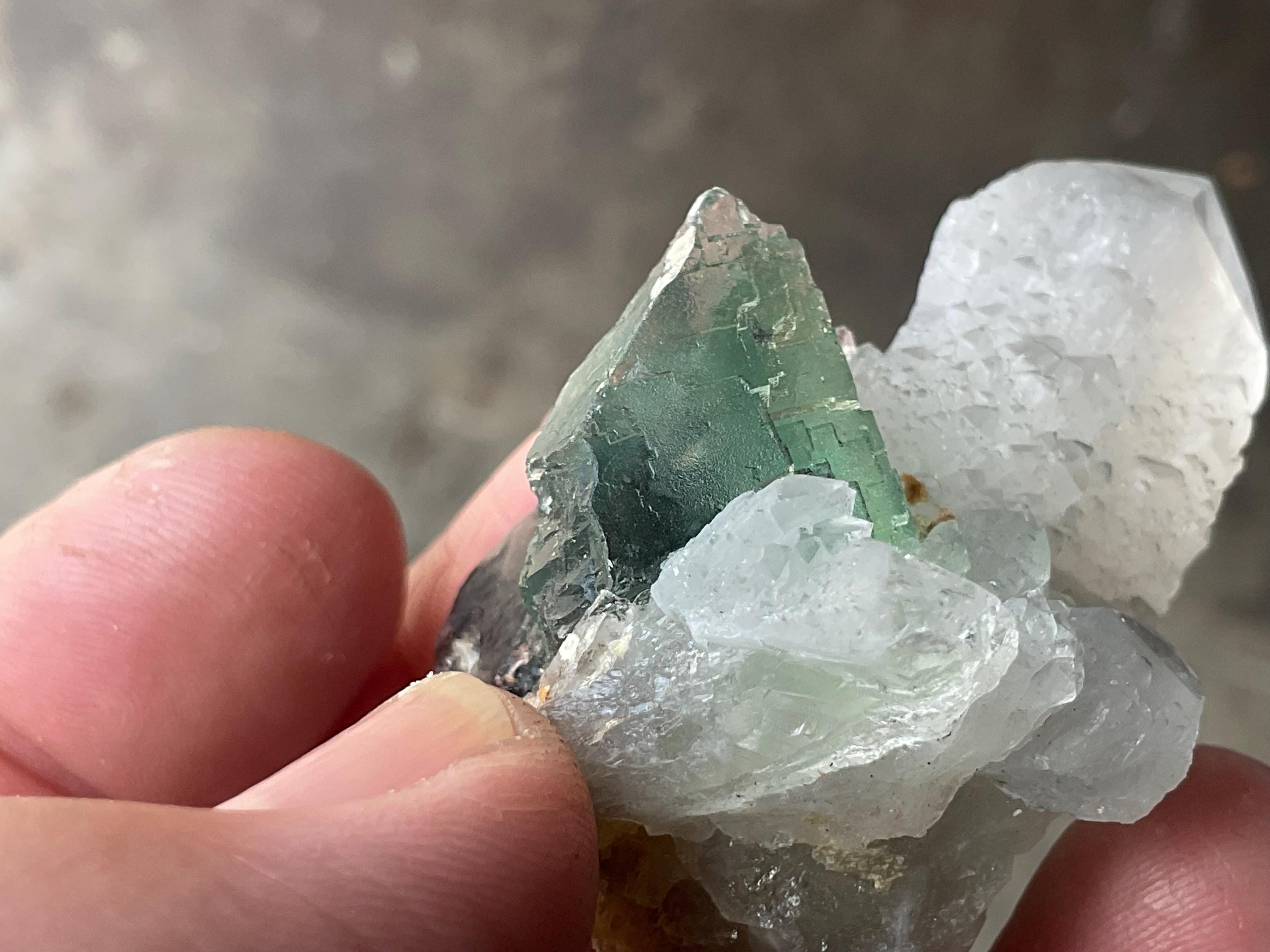 52g Etched Photochromic Fluorite on Clear Candle Quartz Cluster from the Erongo Mountains, Namibia