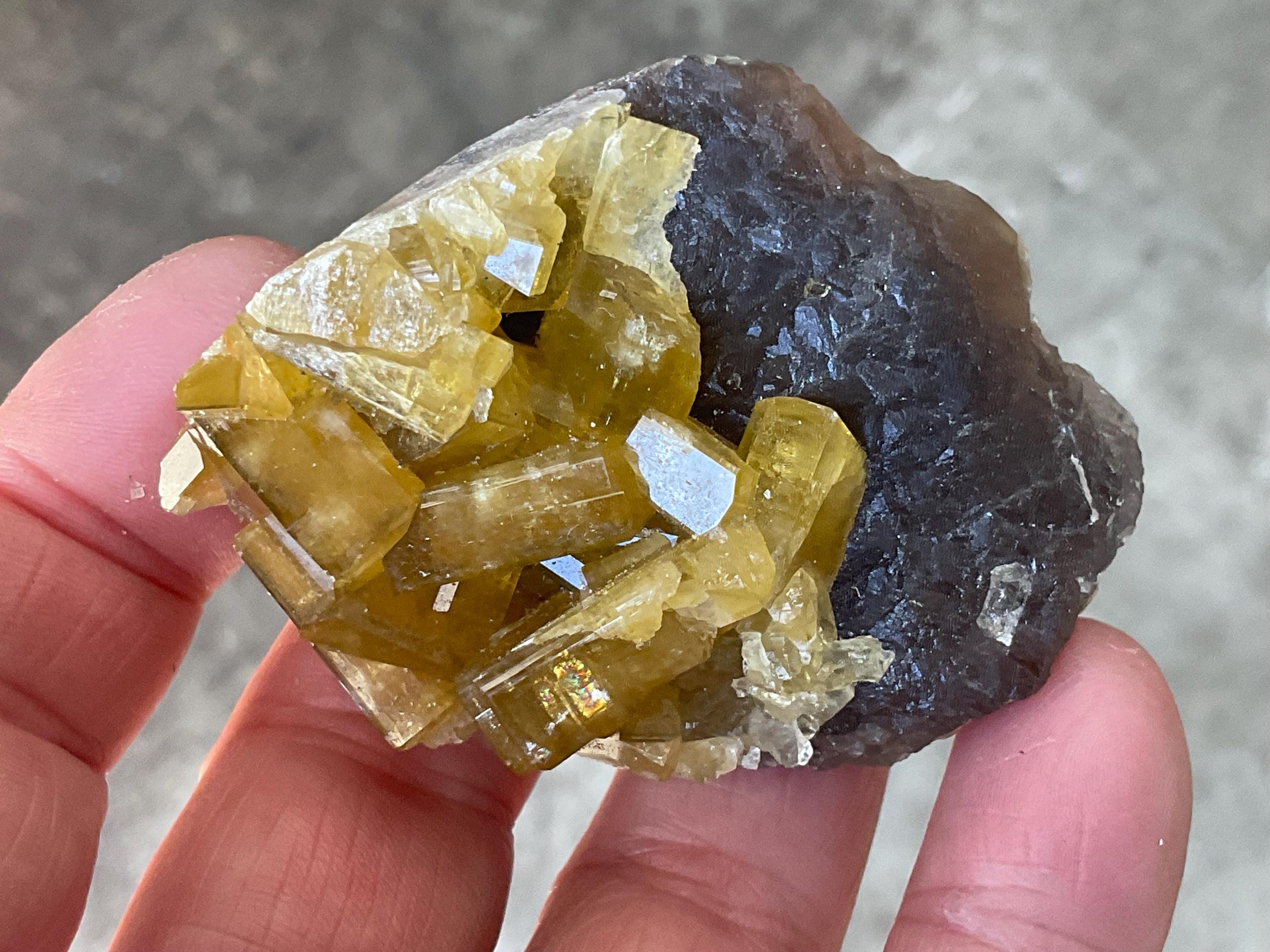 110g Tabular Golden Baryte on Botryoidal Fluorite Specimen 6A from Jiangxi