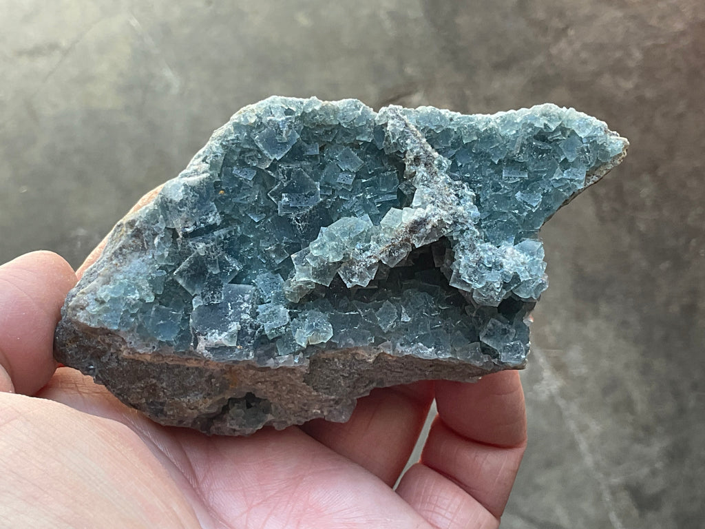 200g Teal Sugar Cubic Fluorite on Druzy Chalcedony Specimen 4C from Fujian, China