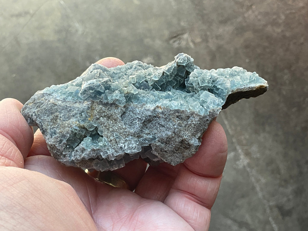 200g Teal Sugar Cubic Fluorite on Druzy Chalcedony Specimen 4C from Fujian, China