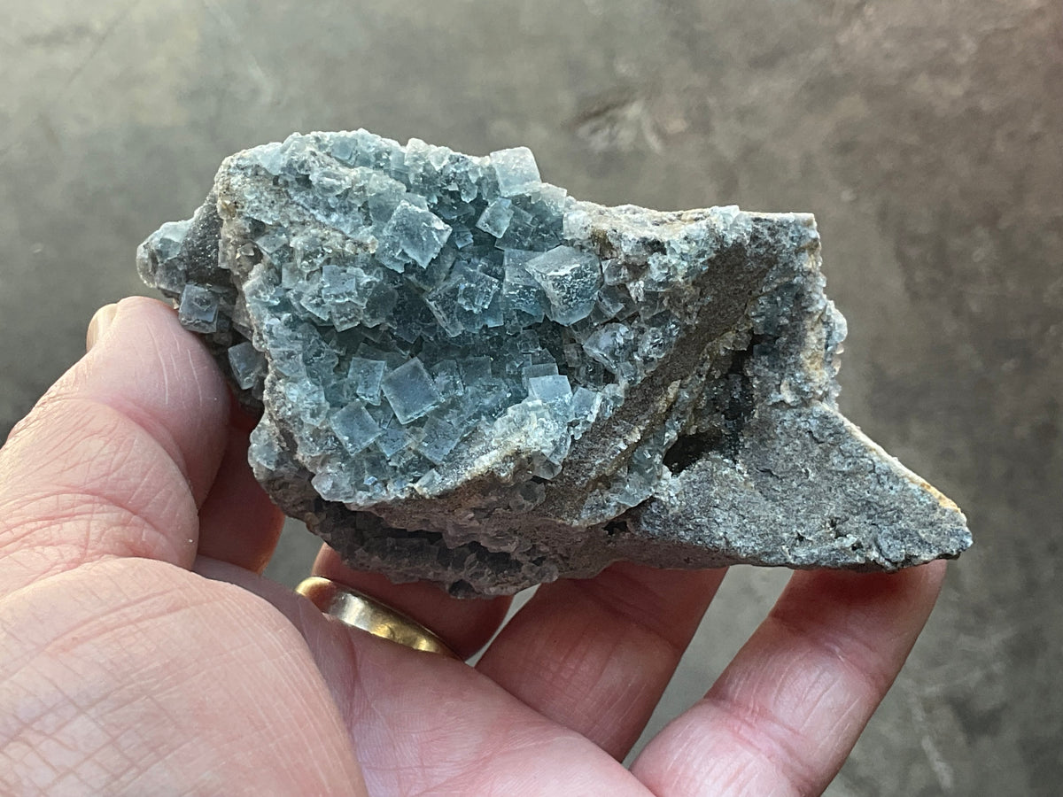 200g Teal Sugar Cubic Fluorite on Druzy Chalcedony Specimen 4C from Fujian, China