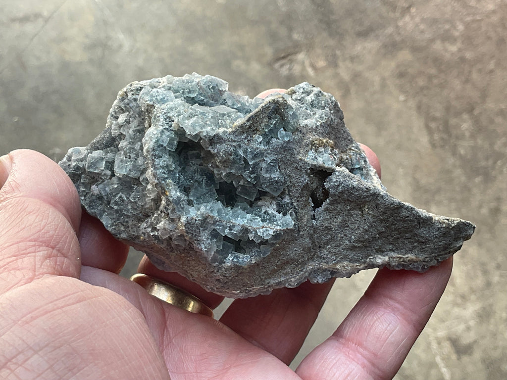 200g Teal Sugar Cubic Fluorite on Druzy Chalcedony Specimen 4C from Fujian, China