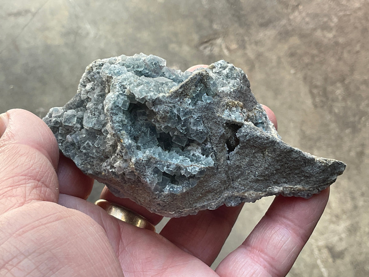 200g Teal Sugar Cubic Fluorite on Druzy Chalcedony Specimen 4C from Fujian, China
