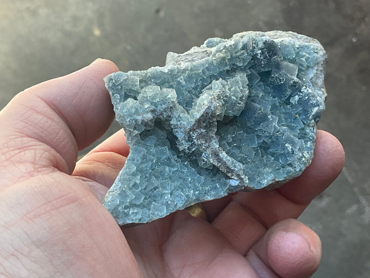 200g Teal Sugar Cubic Fluorite on Druzy Chalcedony Specimen 4C from Fujian, China