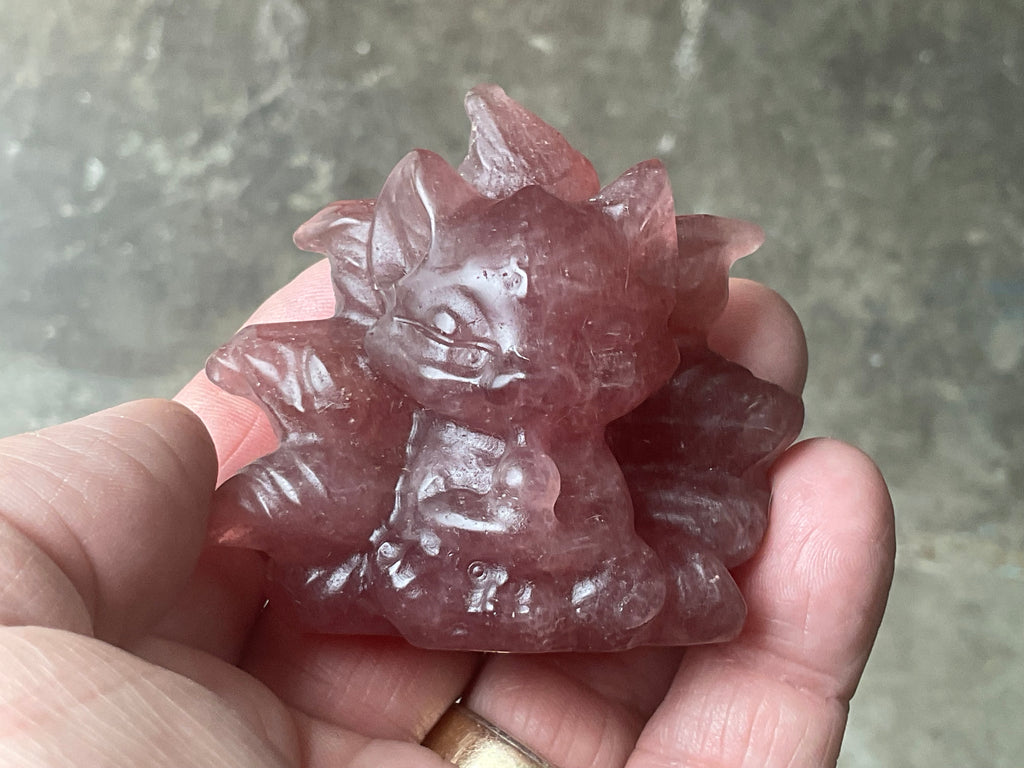 110g Strawberry Quartz Nine Tailed Fox Carving