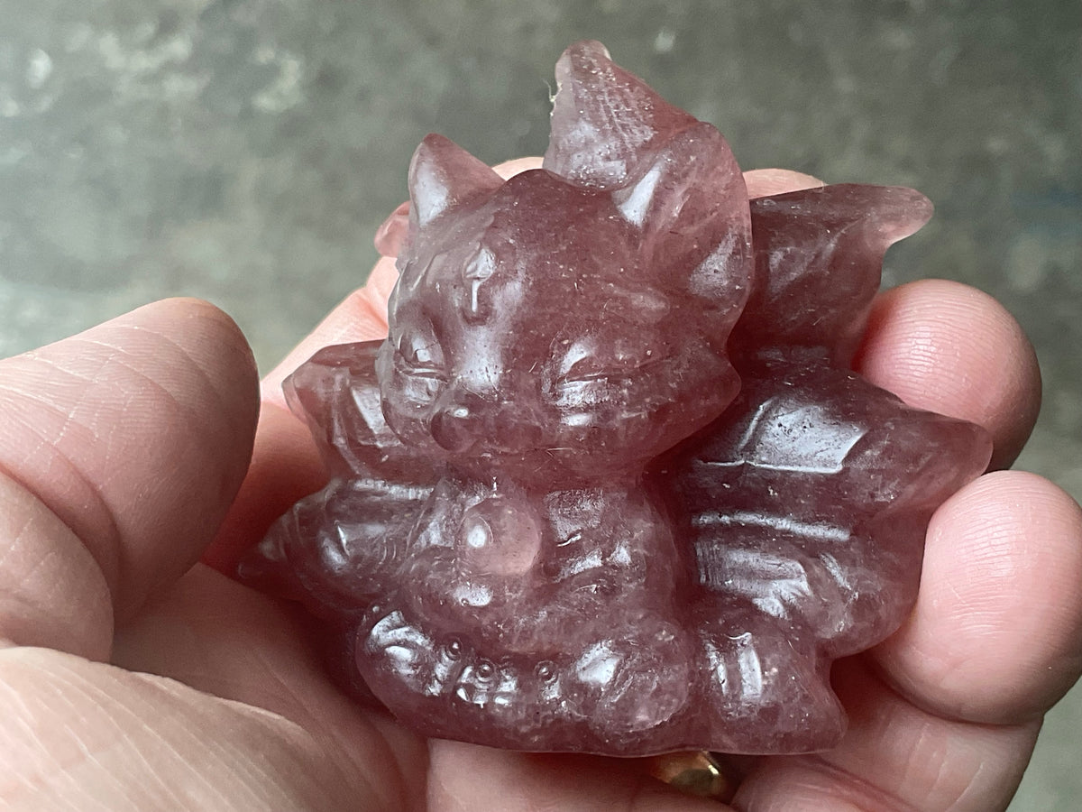 110g Strawberry Quartz Nine Tailed Fox Carving