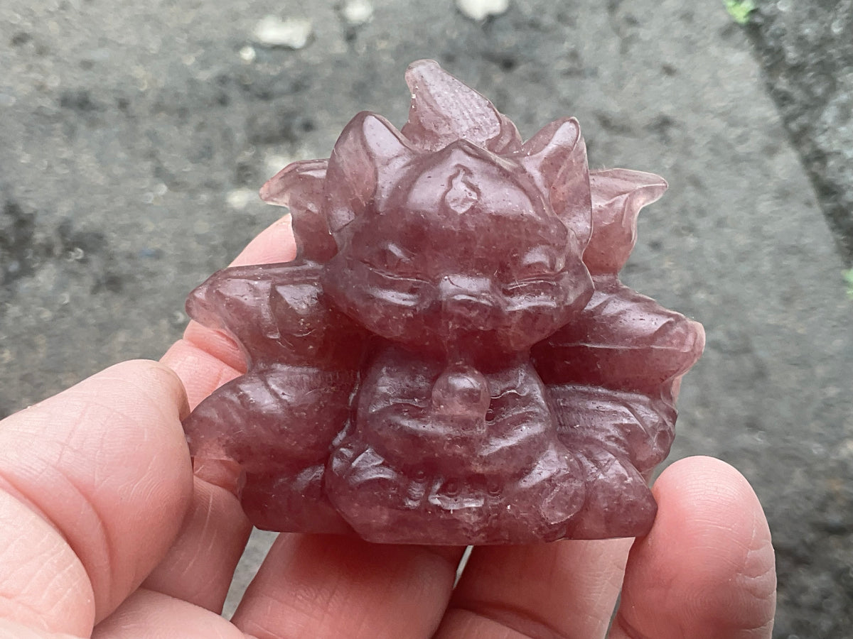 110g Strawberry Quartz Nine Tailed Fox Carving