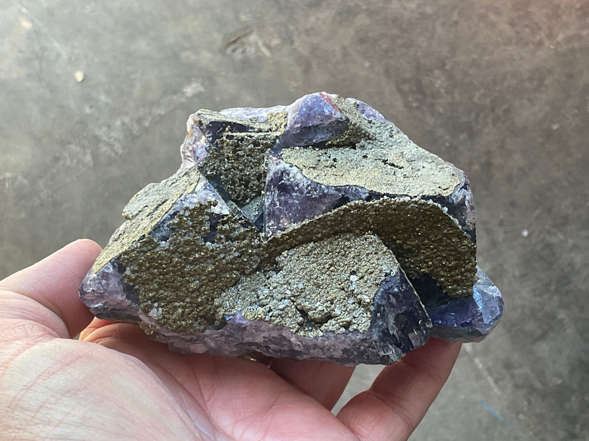 540g Chalcopyrite coated Purple Cubic Fluorite Specimen 3A from Hunan, China