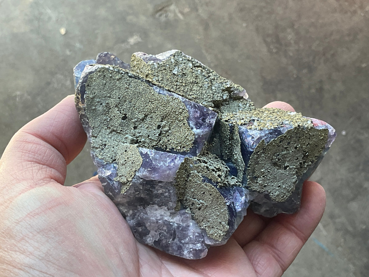 540g Chalcopyrite coated Purple Cubic Fluorite Specimen 3A from Hunan, China
