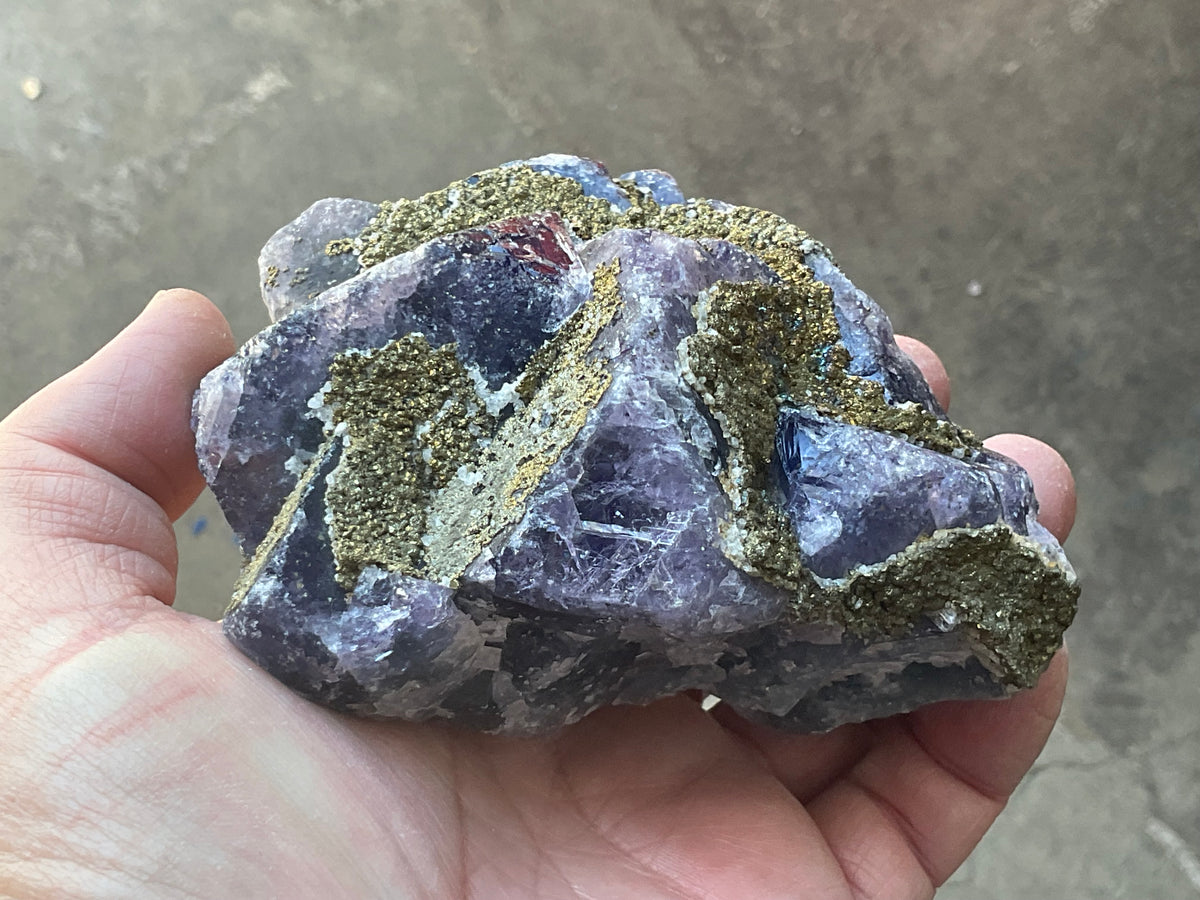 716g Chalcopyrite coated Purple Cubic Fluorite Specimen 3B from Hunan, China