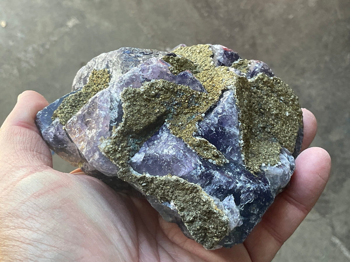 716g Chalcopyrite coated Purple Cubic Fluorite Specimen 3B from Hunan, China
