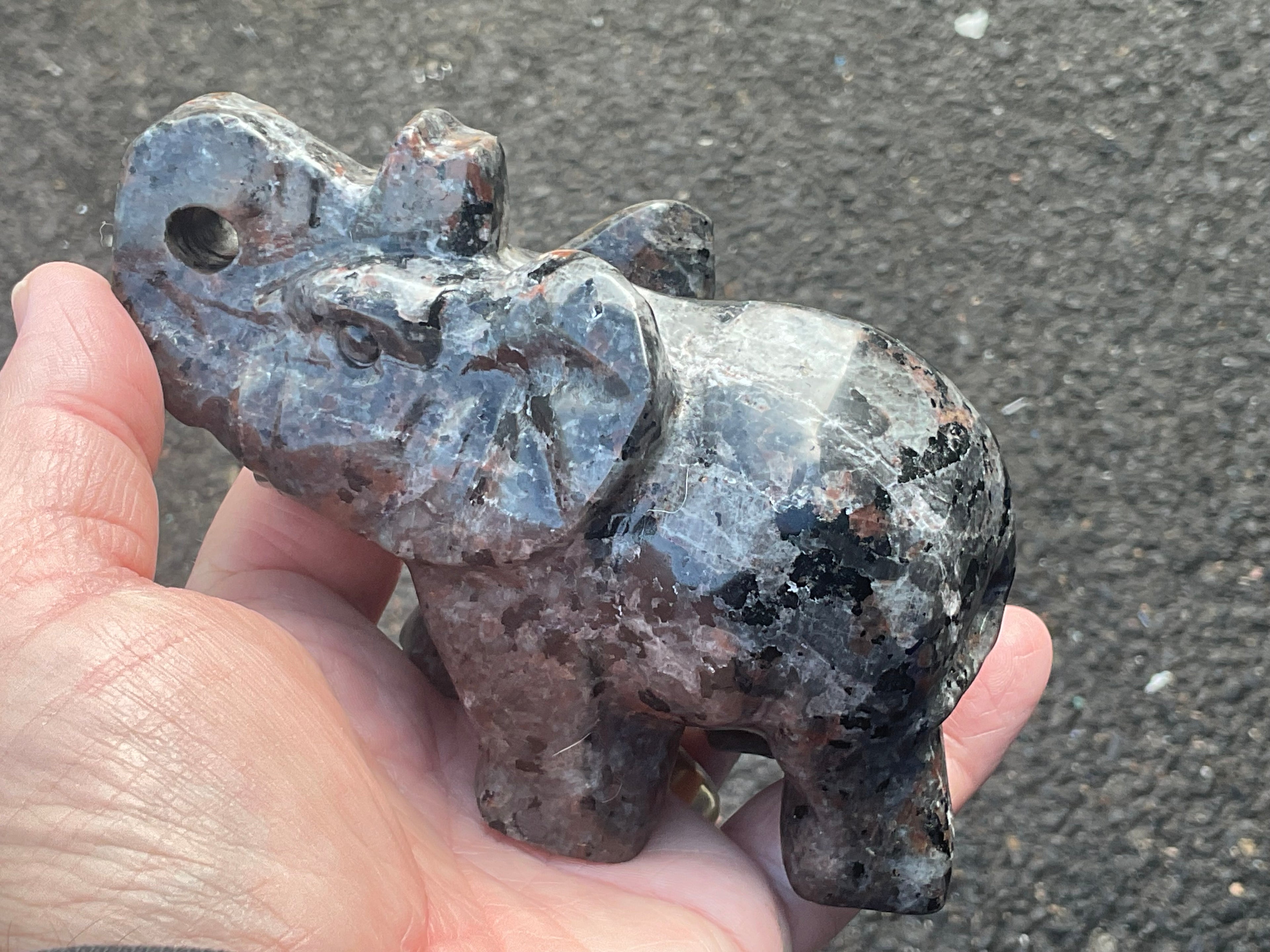 518g Syenite with Sodalite ‘Yooperlite’ Large Elephant Carving B