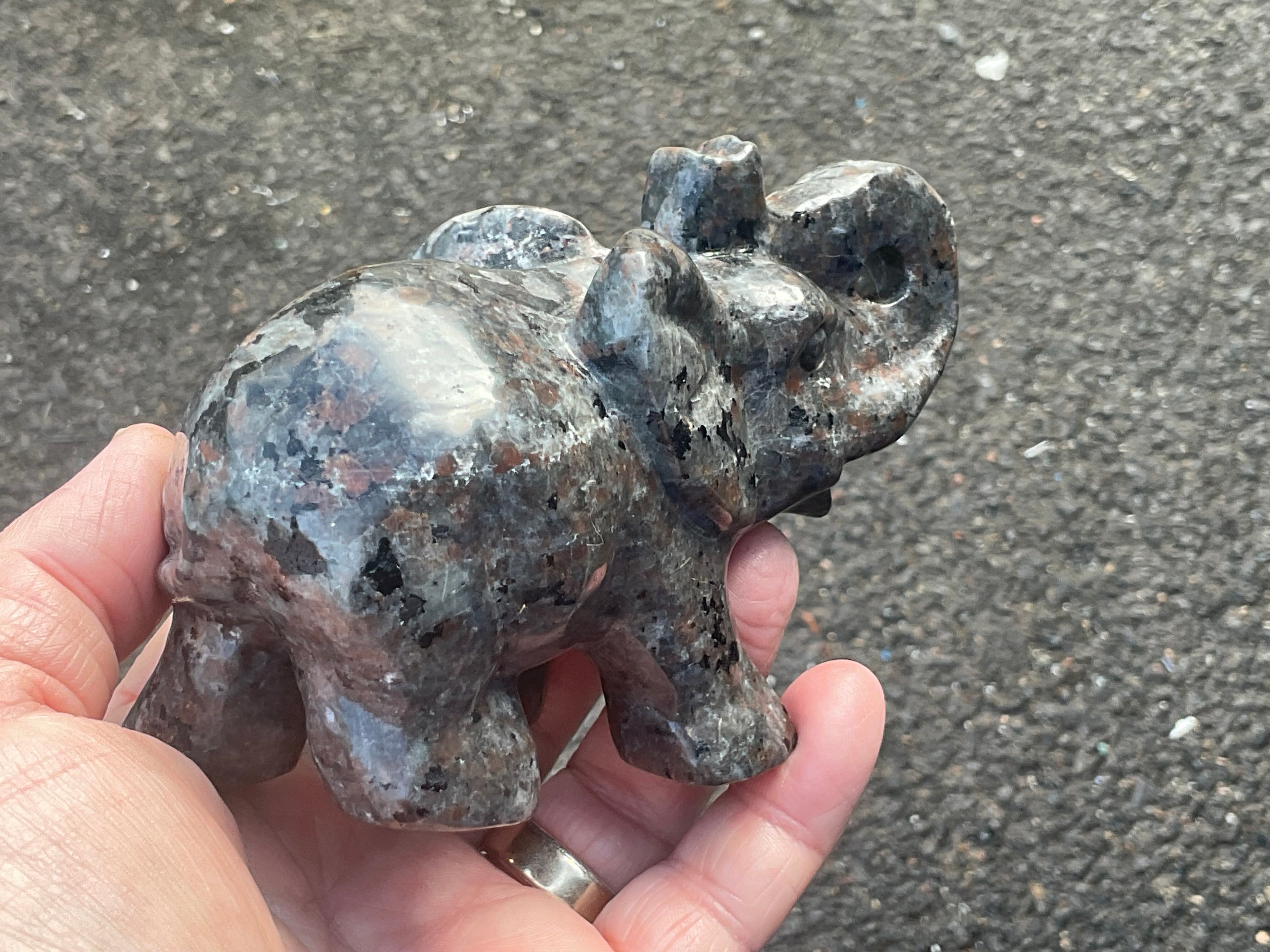 518g Syenite with Sodalite ‘Yooperlite’ Large Elephant Carving B