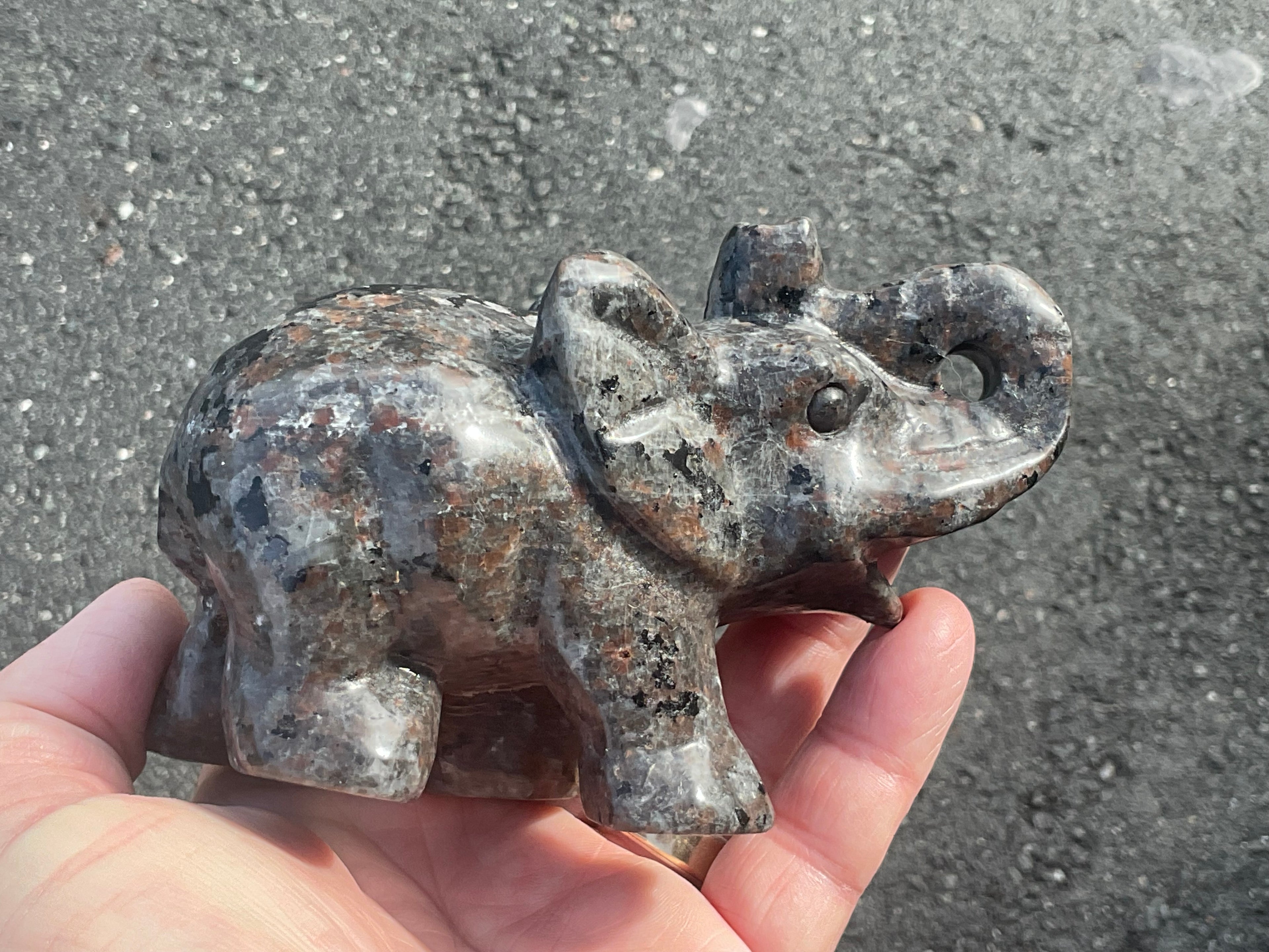 518g Syenite with Sodalite ‘Yooperlite’ Large Elephant Carving B