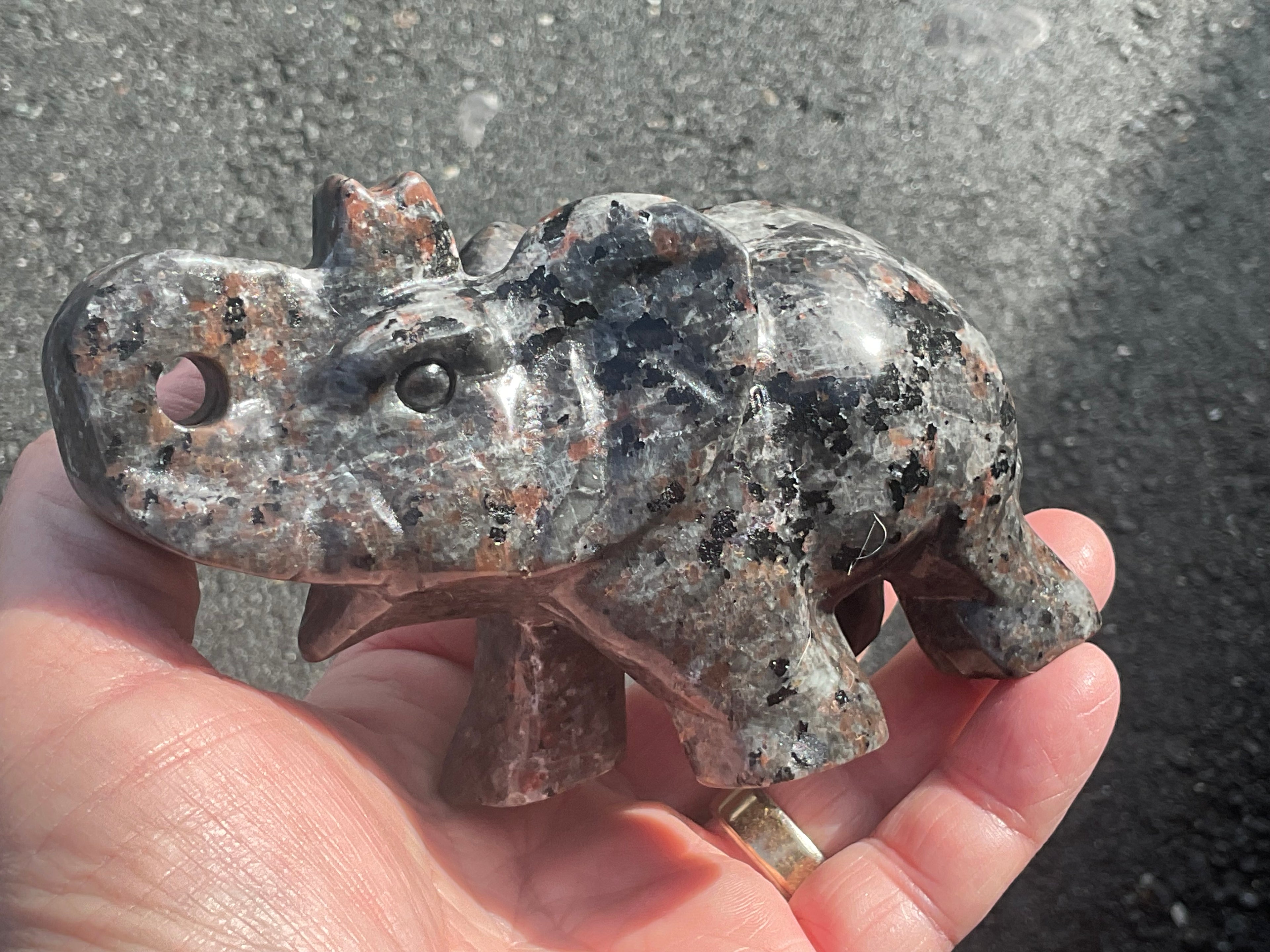 518g Syenite with Sodalite ‘Yooperlite’ Large Elephant Carving B
