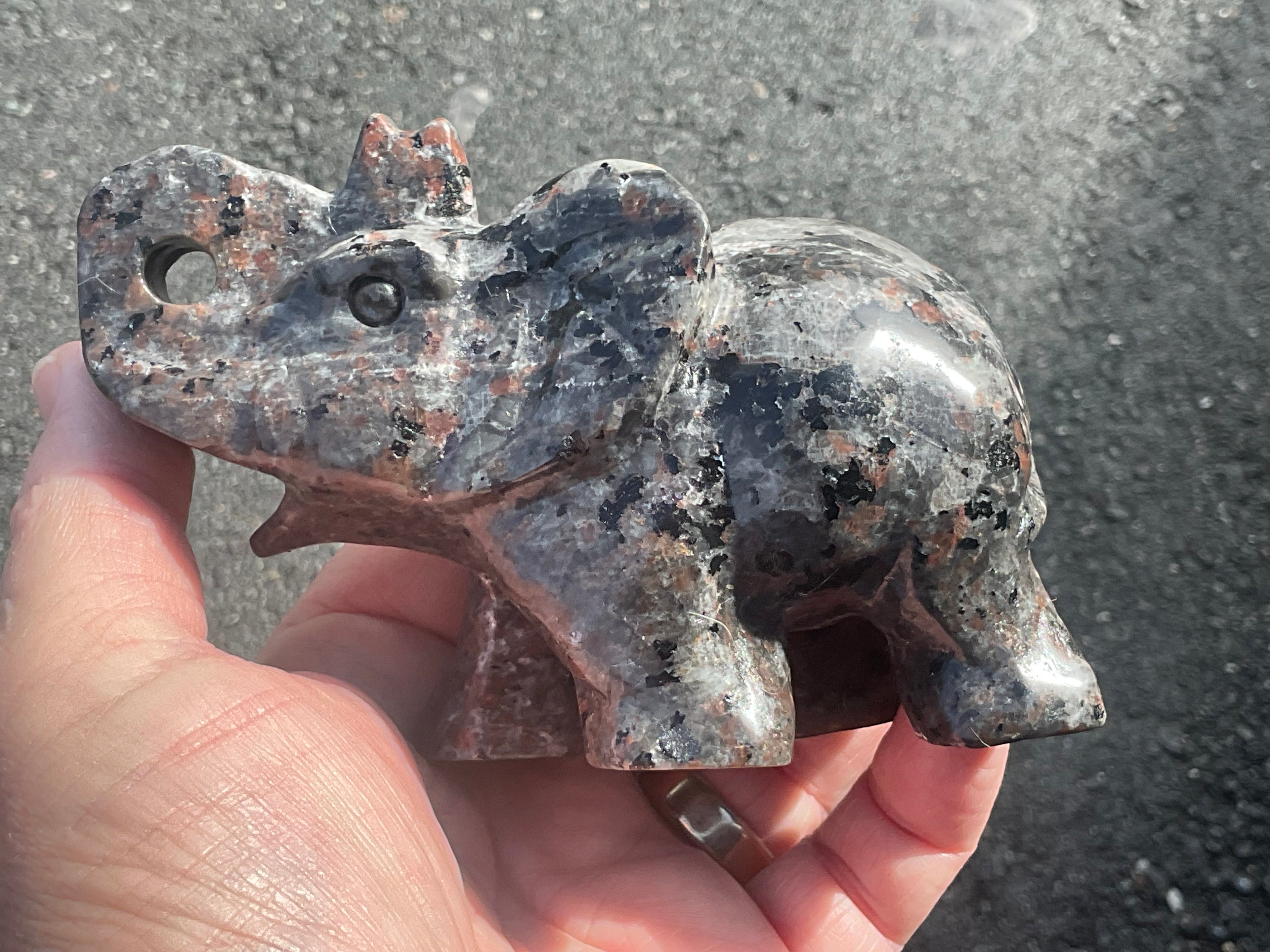 518g Syenite with Sodalite ‘Yooperlite’ Large Elephant Carving B