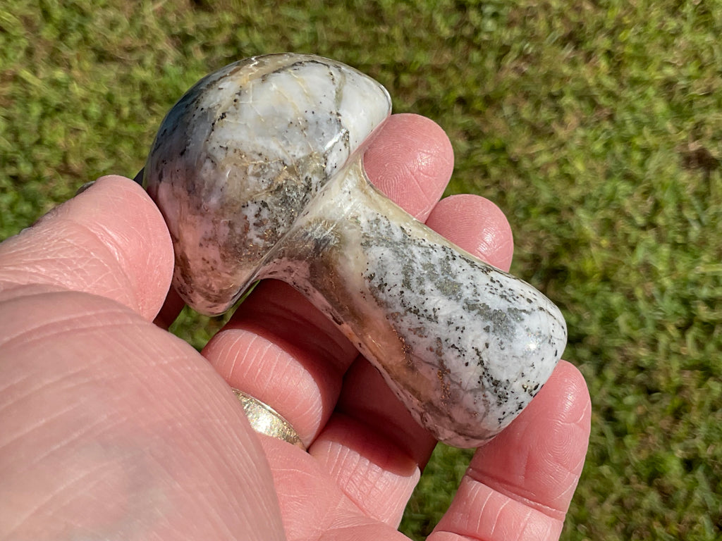 143g Pyrite in Quartz with Calcite Mushroom Carving 1A