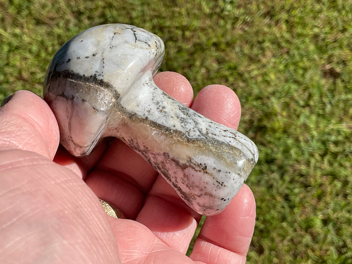 143g Pyrite in Quartz with Calcite Mushroom Carving 1A