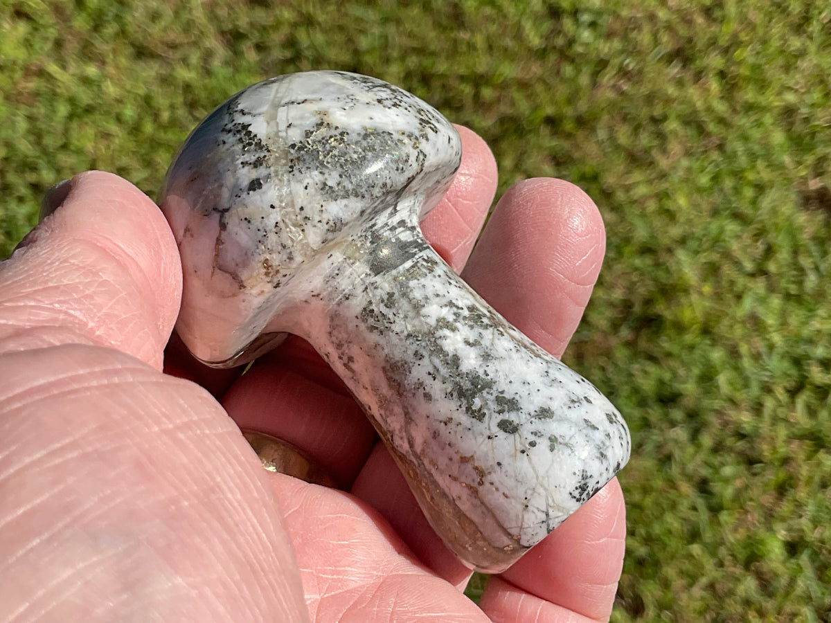 143g Pyrite in Quartz with Calcite Mushroom Carving 1A
