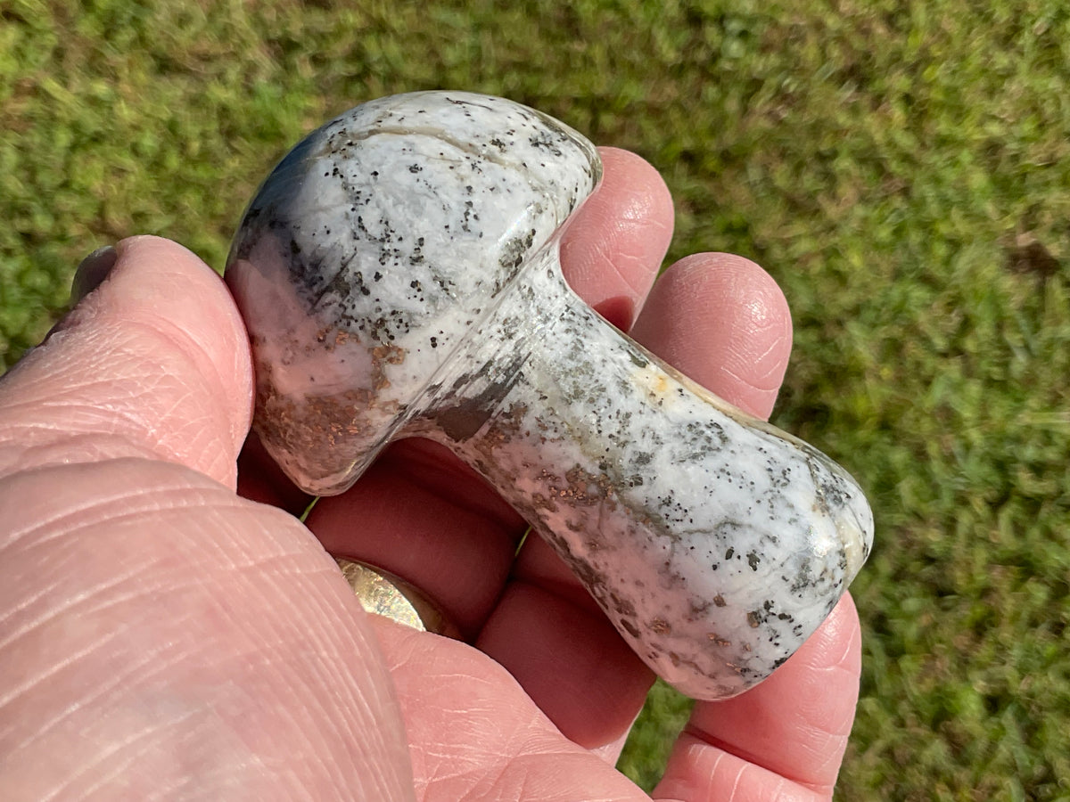 143g Pyrite in Quartz with Calcite Mushroom Carving 1A