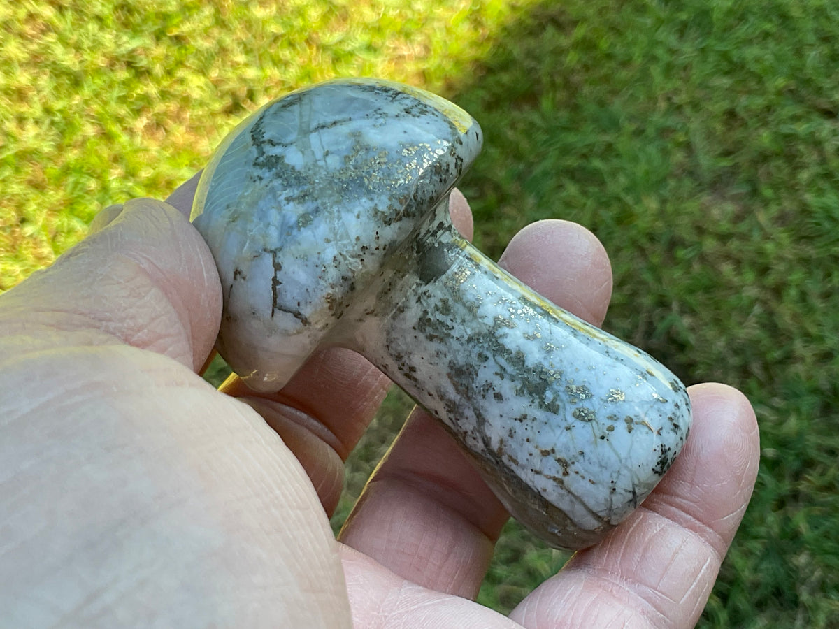 143g Pyrite in Quartz with Calcite Mushroom Carving 1A