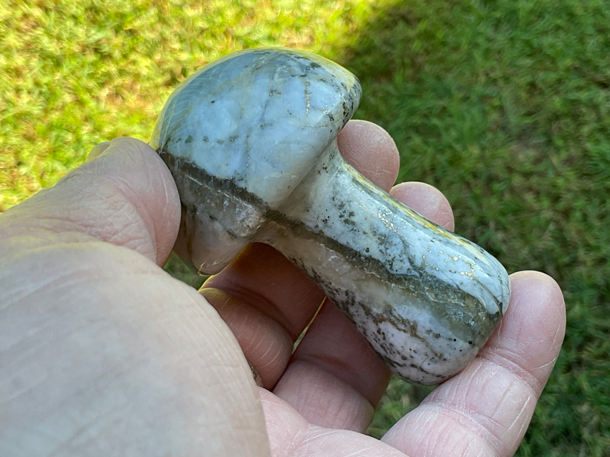 143g Pyrite in Quartz with Calcite Mushroom Carving 1A