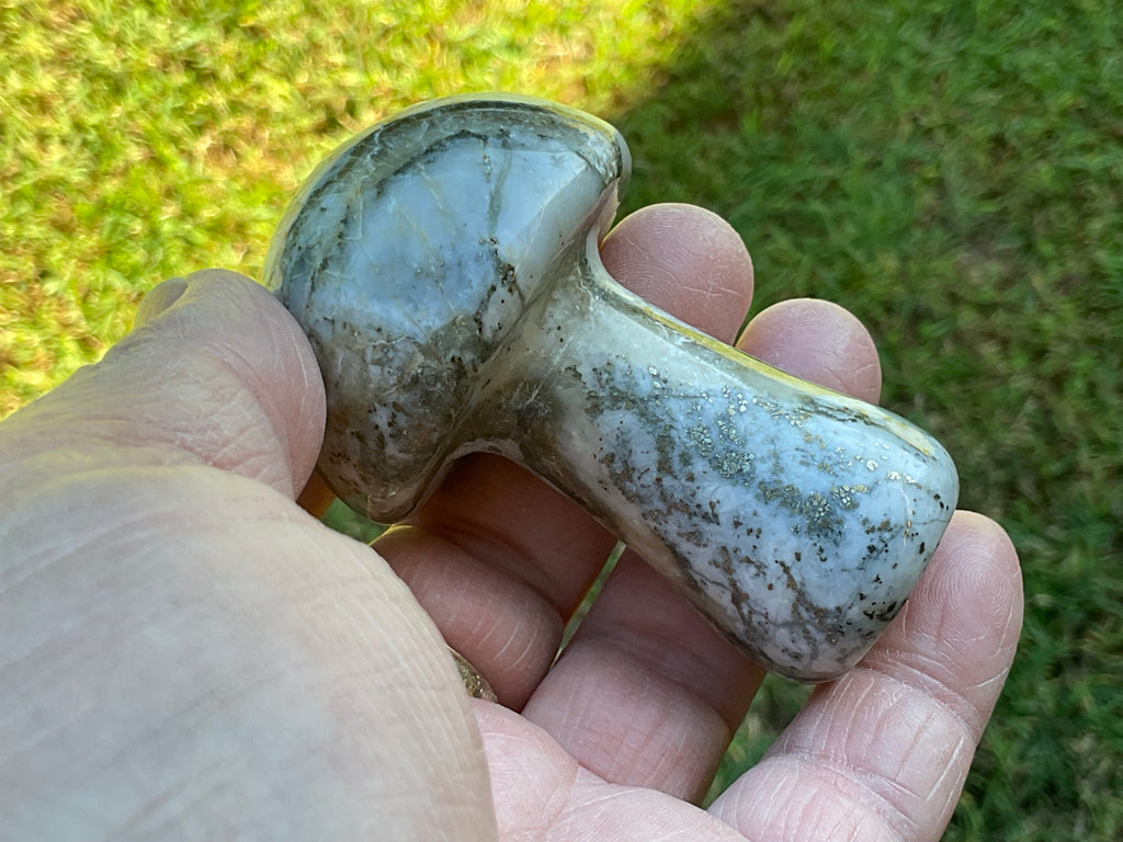 143g Pyrite in Quartz with Calcite Mushroom Carving 1A