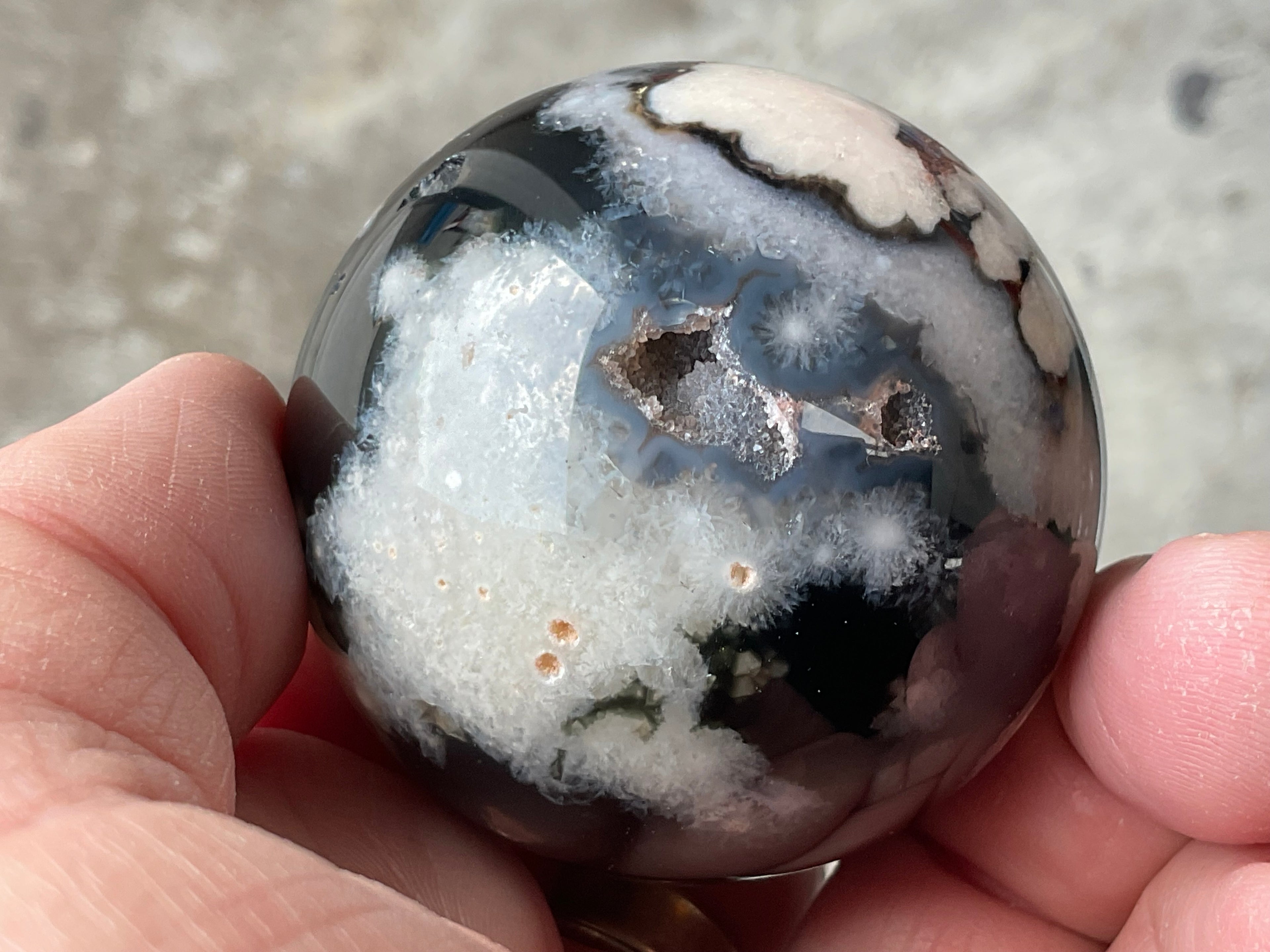 156g Black Flower Agate Sphere 3A