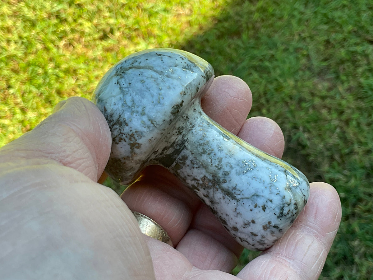 143g Pyrite in Quartz with Calcite Mushroom Carving 1A