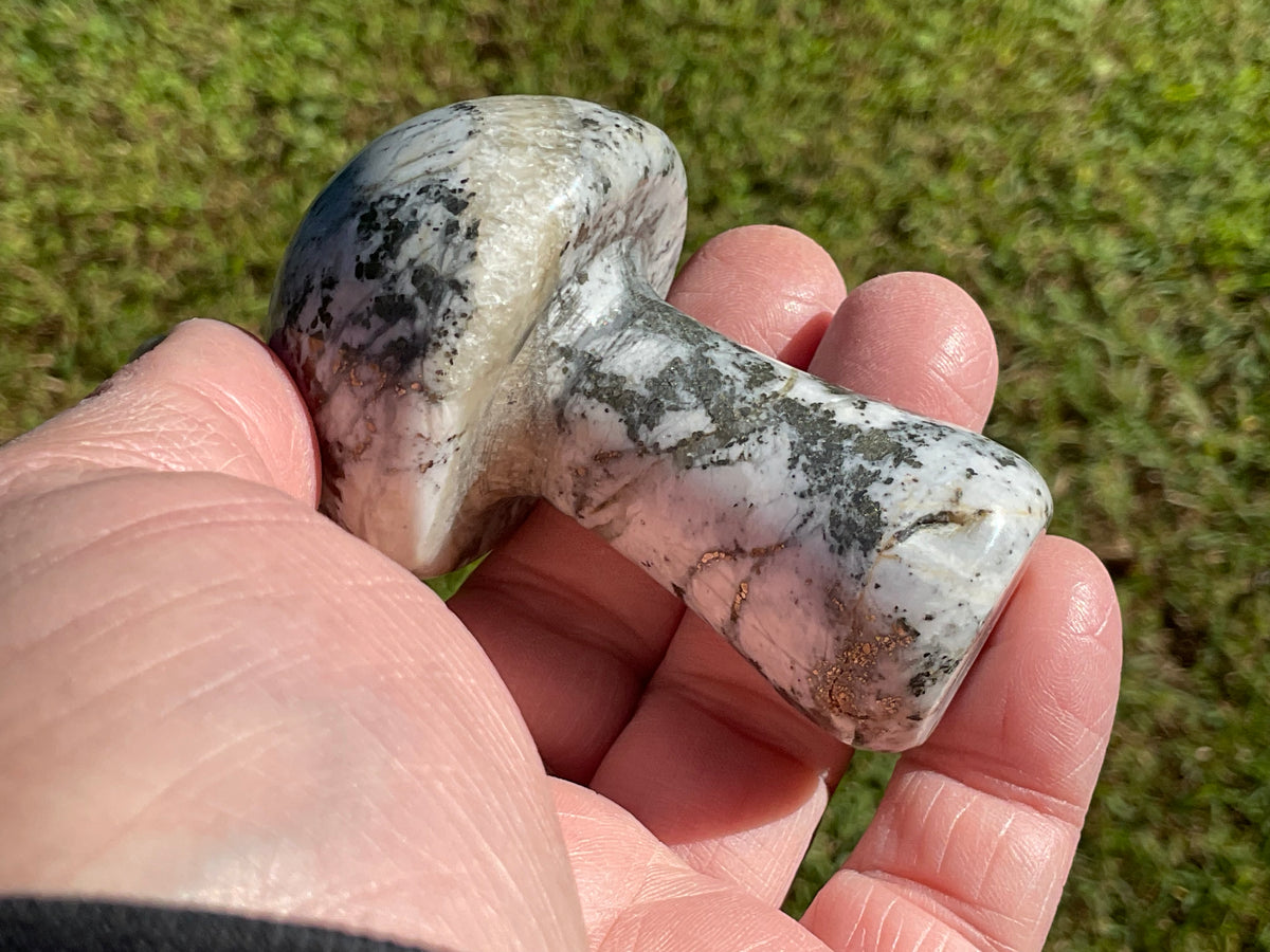 151g Pyrite in Quartz with Calcite Mushroom Carving 2A