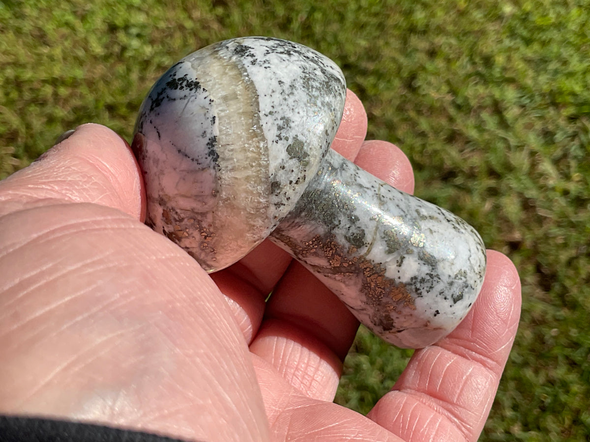 151g Pyrite in Quartz with Calcite Mushroom Carving 2A