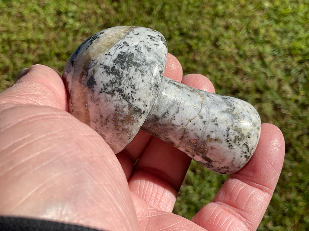 151g Pyrite in Quartz with Calcite Mushroom Carving 2A