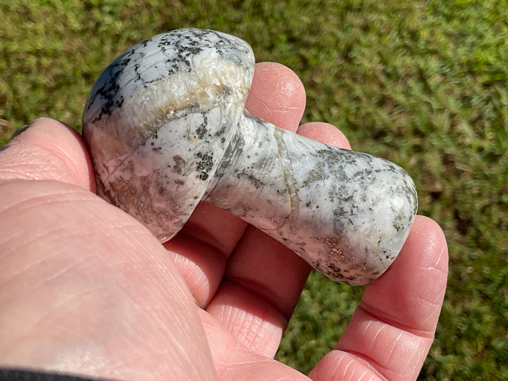 151g Pyrite in Quartz with Calcite Mushroom Carving 2A