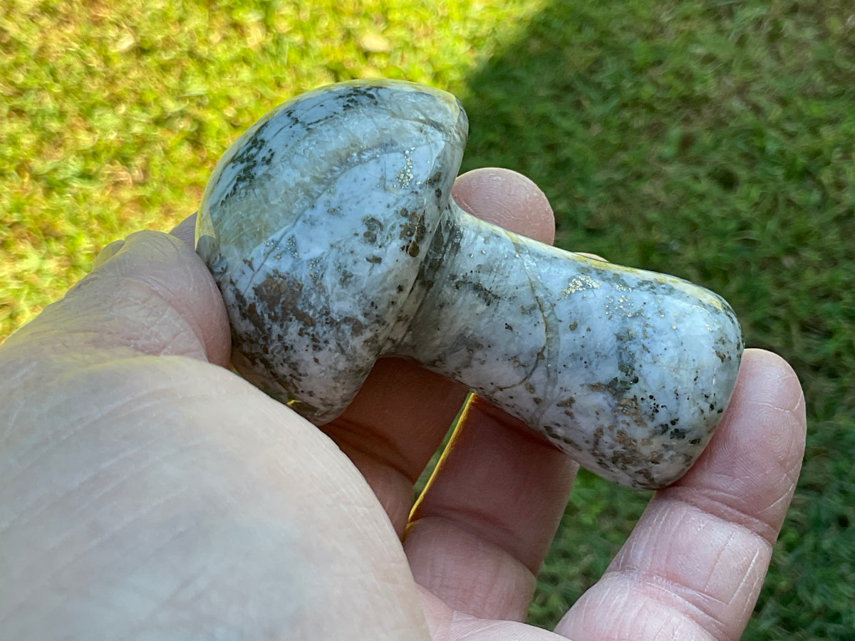 151g Pyrite in Quartz with Calcite Mushroom Carving 2A