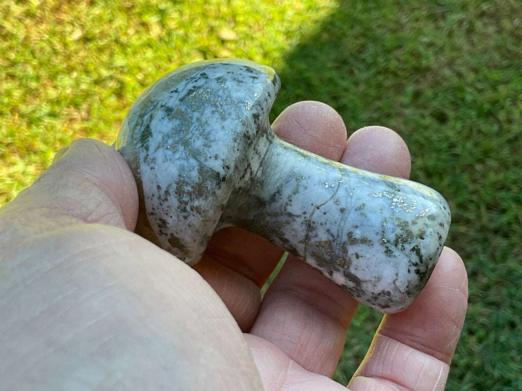 151g Pyrite in Quartz with Calcite Mushroom Carving 2A