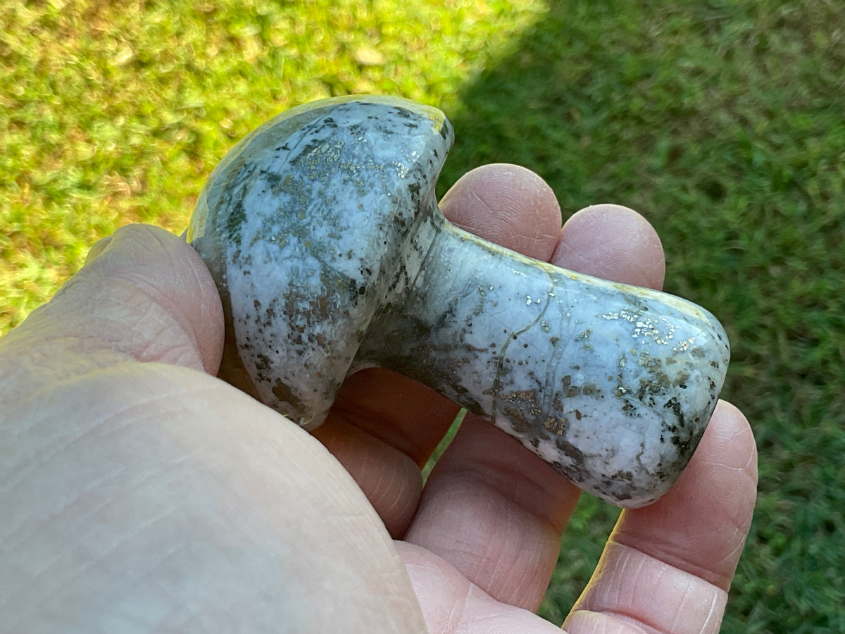 151g Pyrite in Quartz with Calcite Mushroom Carving 2A
