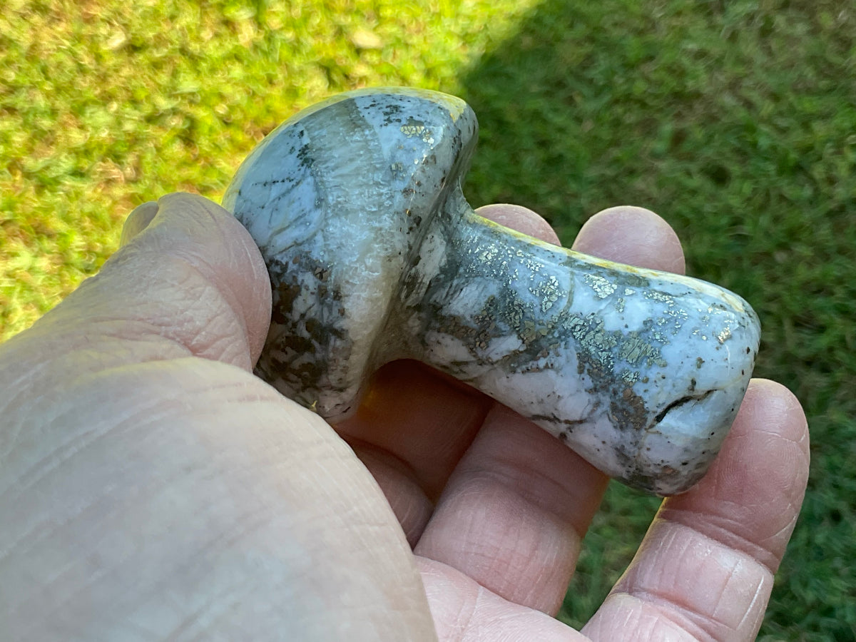 151g Pyrite in Quartz with Calcite Mushroom Carving 2A