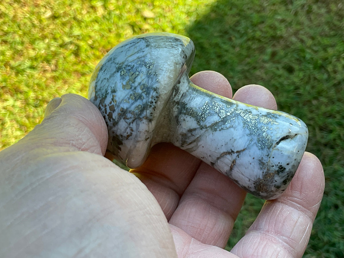 151g Pyrite in Quartz with Calcite Mushroom Carving 2A