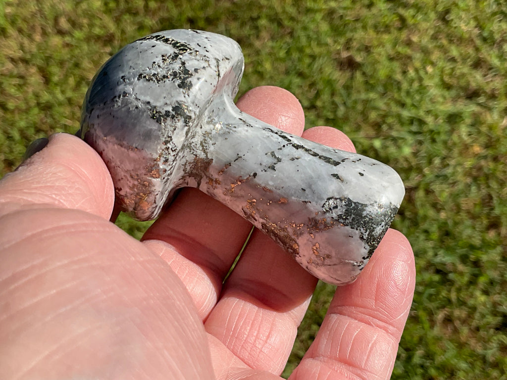 141g Pyrite in Quartz with Calcite Mushroom Carving 2B