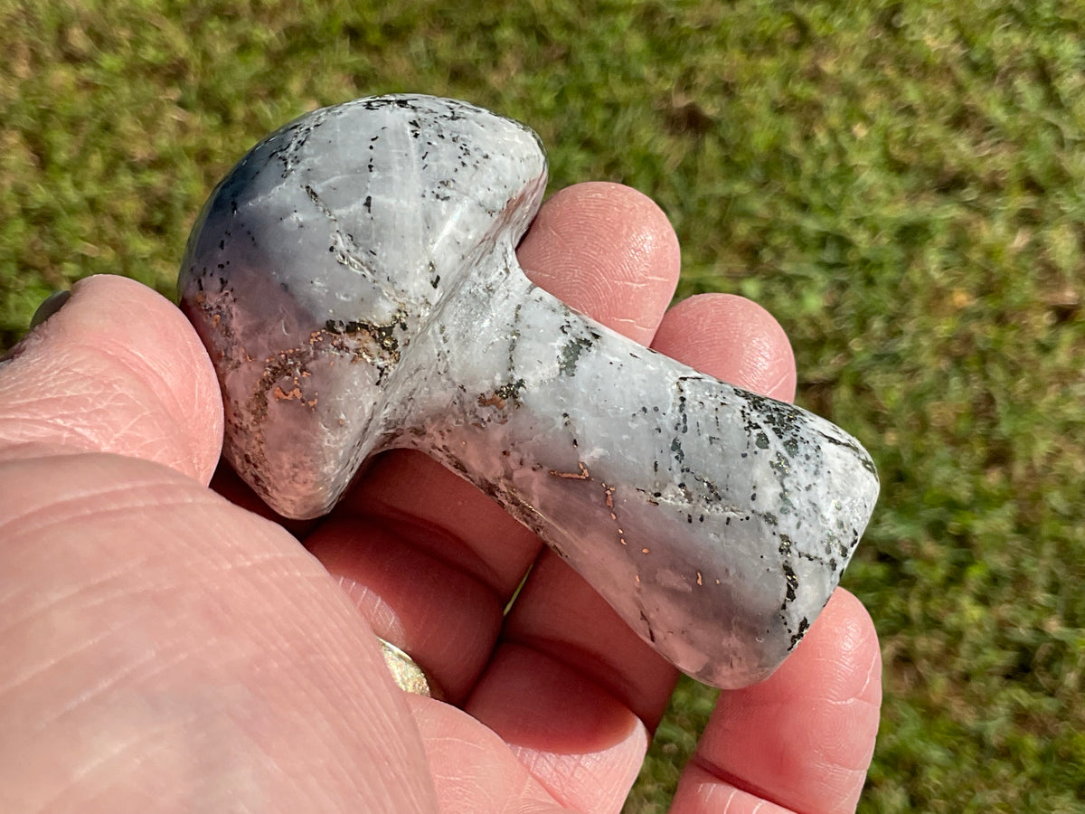 141g Pyrite in Quartz with Calcite Mushroom Carving 2B